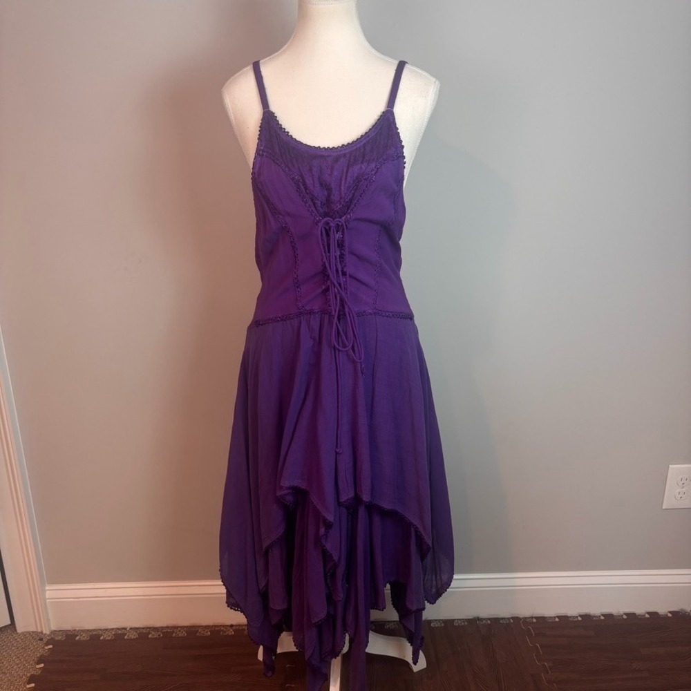 Sakkas Womens Purple Corset Bodice Hankerchief Hem Boho Fairy Midi Dress OSFM